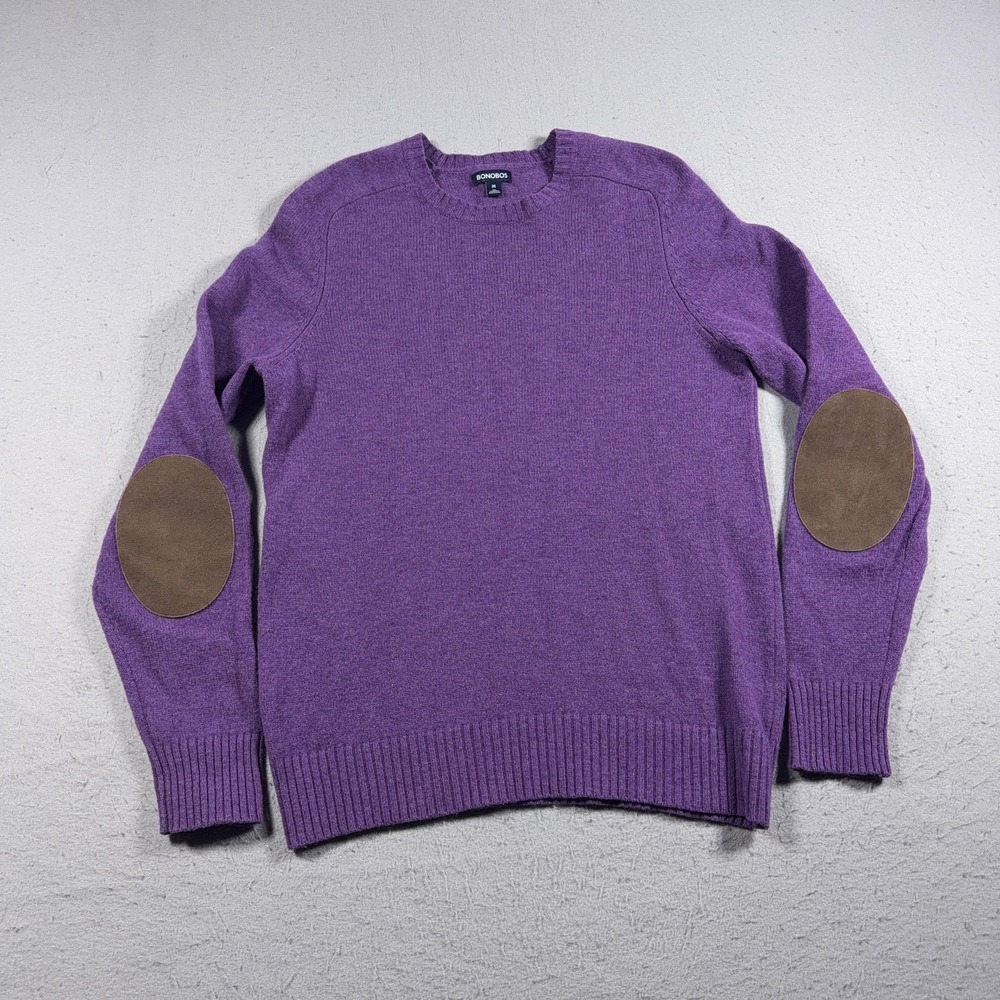 Bonobos Sweater Mens Medium Purple Wool Crewneck‎ Elbow Patch Knit Pullover